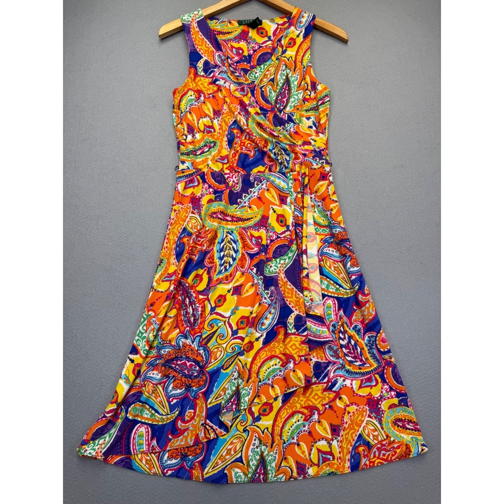 Lauren Ralph Lauren Womens Paisley Sleeveless Faux Wrap Sheath Dress XS no belt‎